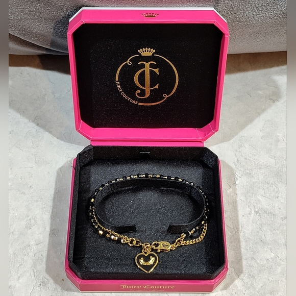 JUICY COUTURE BLACK HEART BEAD & GOLD  CHAIN BRACELET WITH HEART CHARM 2-STRAND - Picture 2 of 13